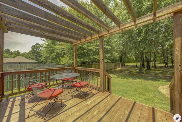 3428 Garrett Ln, Texarkana, TX 75503 - deck featuring outdoor dining area, a fenced backyard, view of wooded area, and a pergola