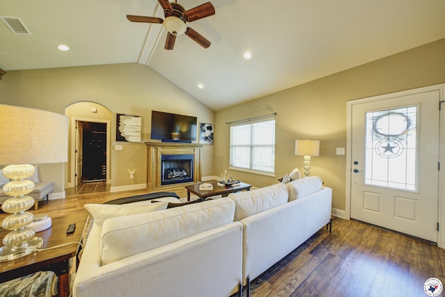 3428 Garrett Ln, Texarkana, TX 75503 - living area featuring ceiling fan, a fireplace, wood finished floors, vaulted ceiling, and recessed lighting