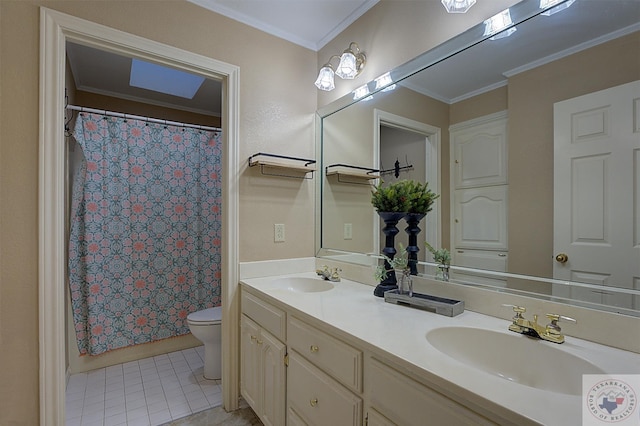 bathroom with toilet, tile patterned flooring, vanity, and ornamental molding