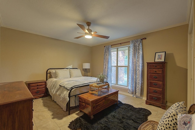 bedroom featuring ceiling fan, crown molding, and light tile patterned floors