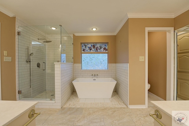 full bathroom featuring crown molding, independent shower and bath, and vanity