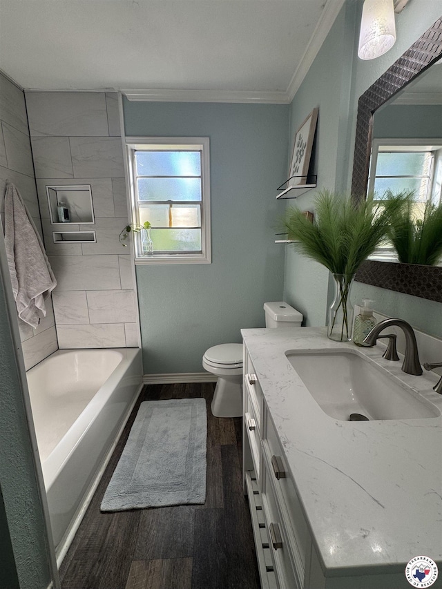 432 Carrol Ave, Wake Village, TX 75501 - full bathroom featuring crown molding, wood finished floors, plenty of natural light, a bath, and vanity