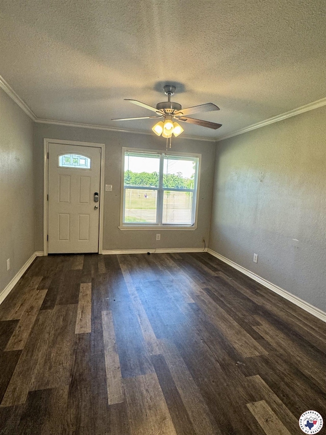 432 Carrol Ave, Wake Village, TX 75501 - entrance foyer with ornamental molding, dark wood-style floors, plenty of natural light, ceiling fan, and a textured ceiling