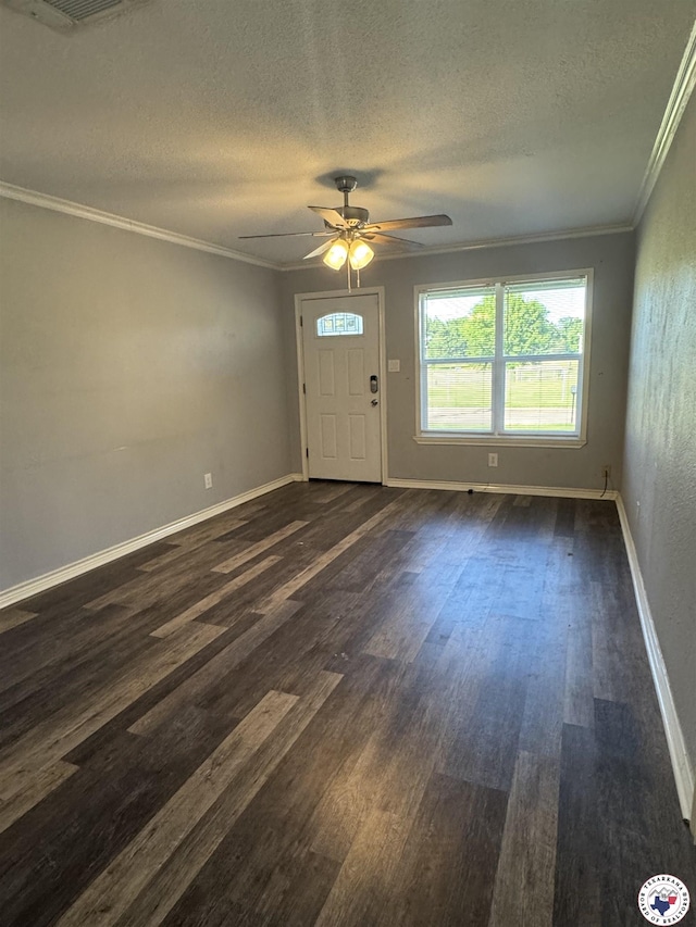 432 Carrol Ave, Wake Village, TX 75501 - foyer featuring crown molding, a textured ceiling, dark wood-type flooring, and ceiling fan