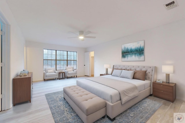 bedroom with visible vents, baseboards, light wood-style flooring, and a ceiling fan