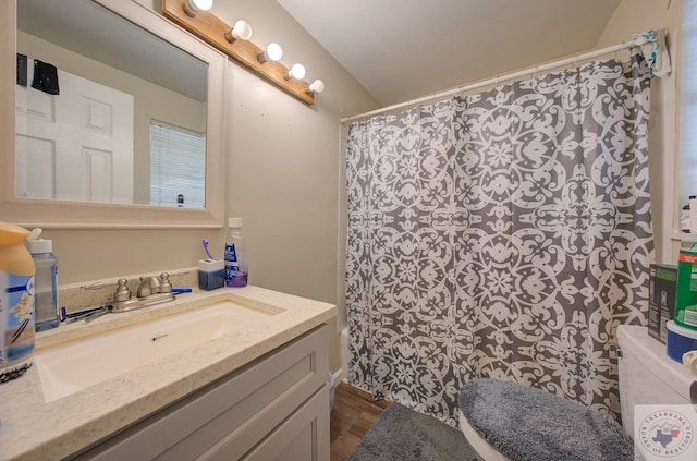 bathroom featuring vanity and a shower with shower curtain