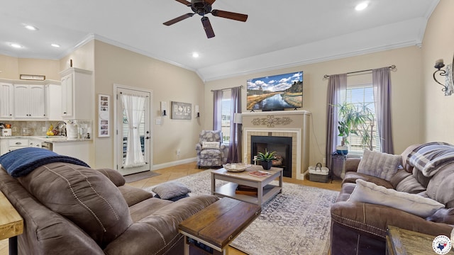 908 Arnold Ln, Texarkana, TX 75503 - living area with a ceiling fan, crown molding, recessed lighting, a fireplace, and light tile patterned floors