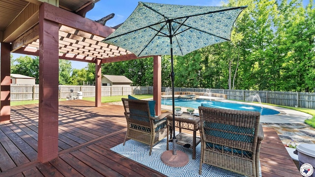6 Stonewall Cir, Texarkana, TX 75503 - wooden terrace with a fenced backyard, a pergola, and a pool with connected hot tub