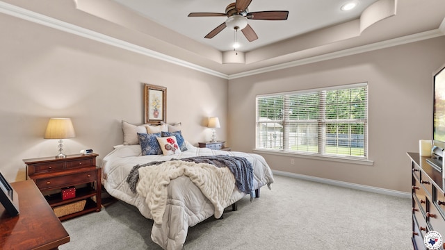 6 Stonewall Cir, Texarkana, TX 75503 - carpeted bedroom featuring a tray ceiling, crown molding, and a ceiling fan