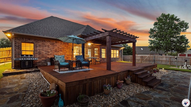 6 Stonewall Cir, Texarkana, TX 75503 - rear view of property with a deck, a fenced backyard, a pergola, brick siding, and roof with shingles