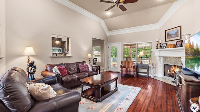 6 Stonewall Cir, Texarkana, TX 75503 - living area with ceiling fan, hardwood / wood-style flooring, a high end fireplace, crown molding, and a high ceiling