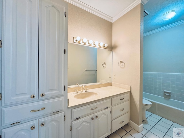 4604 Suzanne Dr, Texarkana, TX 75503 - bathroom with tile patterned floors, toilet, ornamental molding, a bathing tub, and vanity
