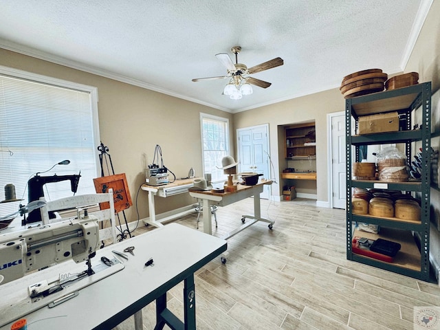 4604 Suzanne Dr, Texarkana, TX 75503 - office space with light wood finished floors, a textured ceiling, a ceiling fan, and ornamental molding