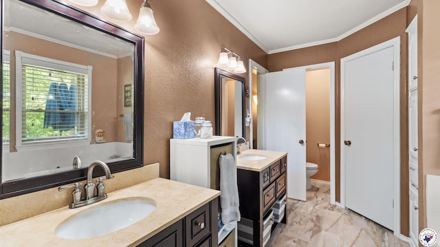 905 Lakeridge Ln, Texarkana, TX 75503 - full bathroom featuring toilet, ornamental molding, vanity, a textured wall, and marble look tiles