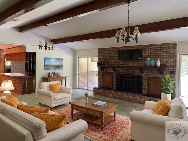 living room with an inviting chandelier, beamed ceiling, and a healthy amount of sunlight