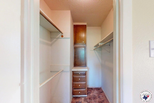 walk in closet featuring dark colored carpet