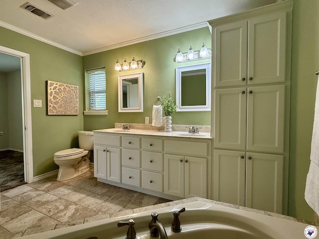 bathroom with toilet, visible vents, ornamental molding, and a sink