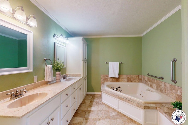 full bath featuring a garden tub, a sink, double vanity, and ornamental molding