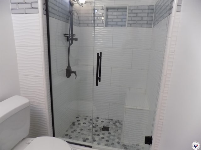 bathroom with a stall shower and toilet