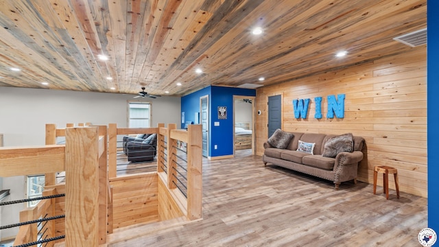 154 Serenity Loop, Glenwood, AR 71943 - living area featuring recessed lighting, a ceiling fan, wood finished floors, wood walls, and wooden ceiling