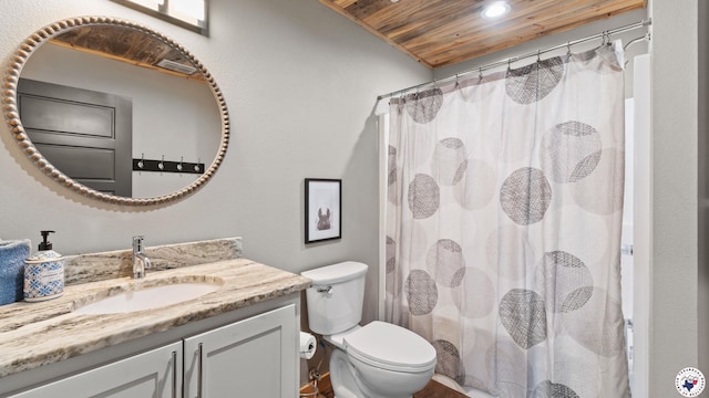 154 Serenity Loop, Glenwood, AR 71943 - full bathroom featuring wood ceiling, vanity, toilet, recessed lighting, and curtained shower