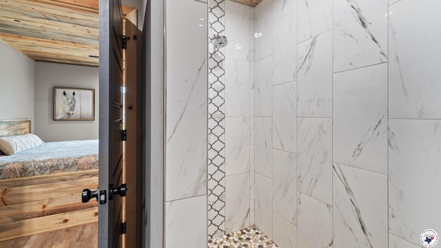 154 Serenity Loop, Glenwood, AR 71943 - bathroom featuring wooden ceiling, tiled shower, and ensuite bath
