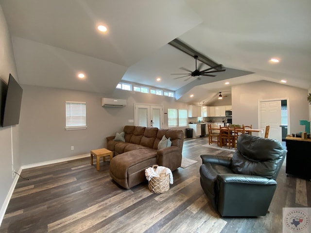 living room with a wall unit AC, ceiling fan, french doors, dark wood-type flooring, and lofted ceiling