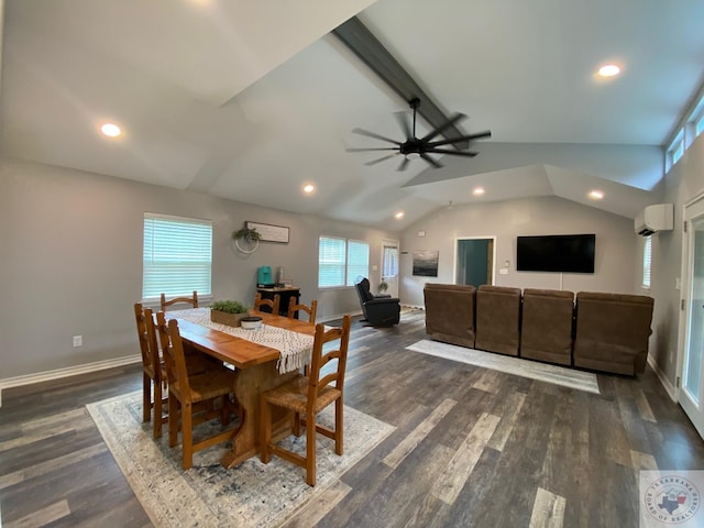 dining space with an AC wall unit, dark wood-type flooring, ceiling fan, and vaulted ceiling