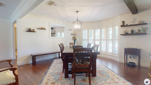 6010 Shadyside Ln, Texarkana, TX 75503 - dining space featuring wood finished floors, baseboards, beam ceiling, ornamental molding, and a chandelier