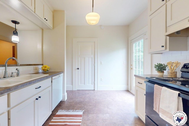 2124 Stevenson St, Texarkana, TX 75501 - kitchen featuring black electric range, dishwasher, decorative backsplash, decorative light fixtures, and white cabinets