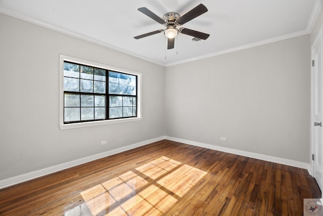 empty room with hardwood / wood-style flooring, ceiling fan, and ornamental molding