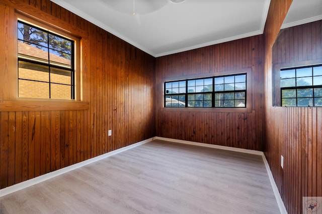 empty room with light hardwood / wood-style floors, crown molding, and plenty of natural light