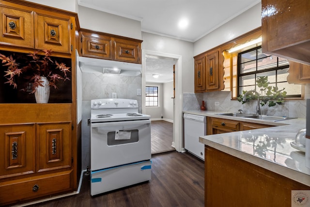 kitchen featuring white appliances, crown molding, sink, backsplash, and dark hardwood / wood-style floors