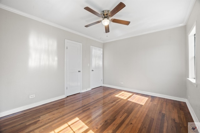 empty room with hardwood / wood-style floors, ceiling fan, and ornamental molding