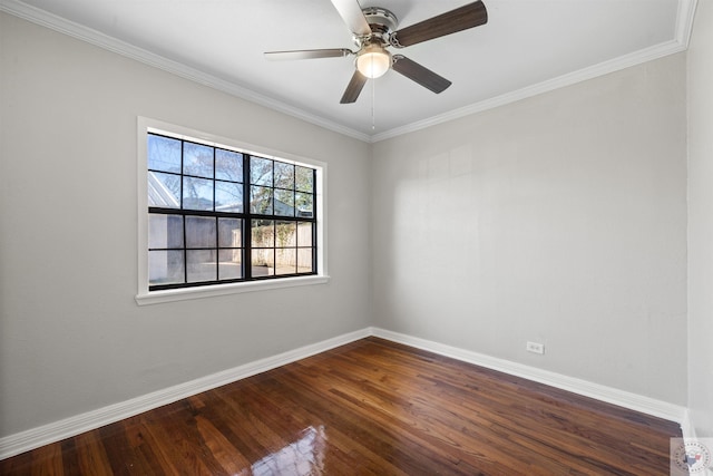 empty room with ceiling fan, wood-type flooring, and ornamental molding