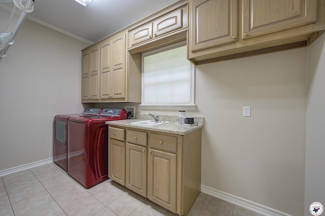 1305 Centerhill Rd, Linden, TX 75563 - laundry area with cabinet space, baseboards, independent washer and dryer, ornamental molding, and light tile patterned floors