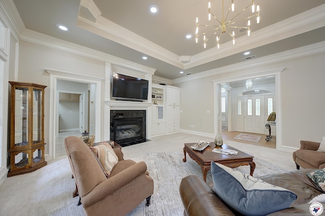 1305 Centerhill Rd, Linden, TX 75563 - living area with light carpet, ornamental molding, a high end fireplace, a tray ceiling, and recessed lighting