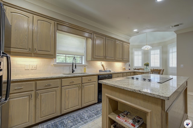 1305 Centerhill Rd, Linden, TX 75563 - kitchen with a sink, black appliances, crown molding, light stone counters, and backsplash