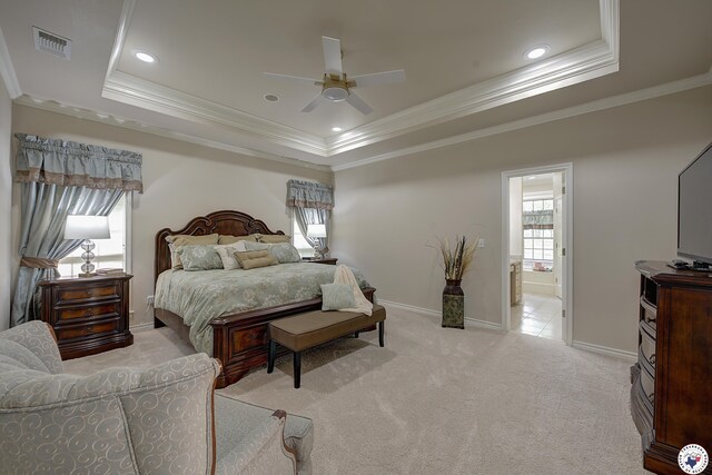 1305 Centerhill Rd, Linden, TX 75563 - bedroom with a tray ceiling, ornamental molding, light carpet, baseboards, and ceiling fan