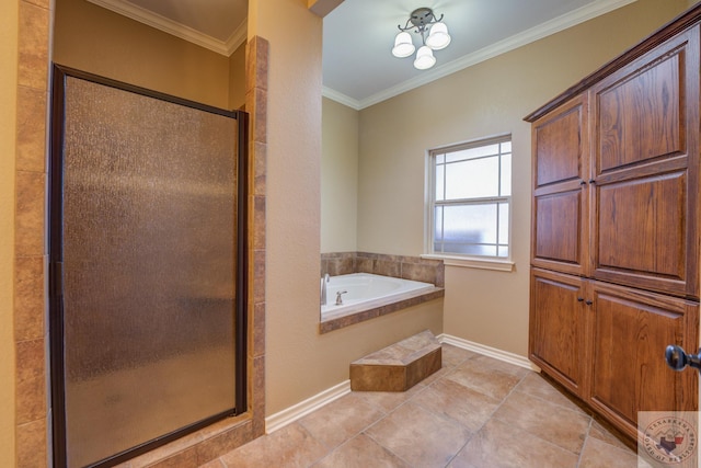 bathroom featuring ornamental molding and plus walk in shower