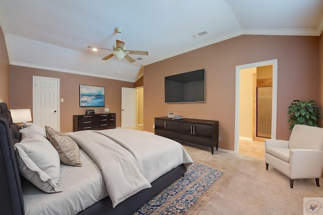 bedroom featuring visible vents, light carpet, crown molding, baseboards, and vaulted ceiling