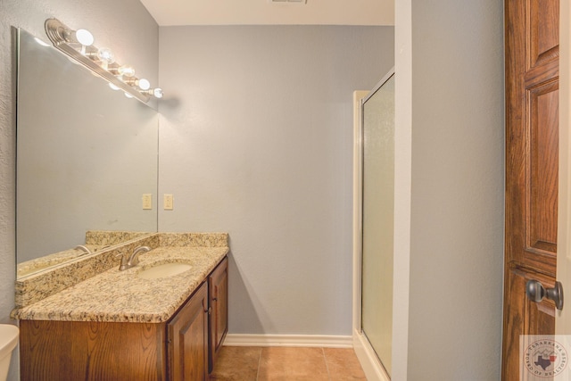 full bath featuring vanity, tile patterned floors, toilet, and a stall shower