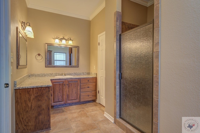 bathroom featuring walk in shower, vanity, and ornamental molding