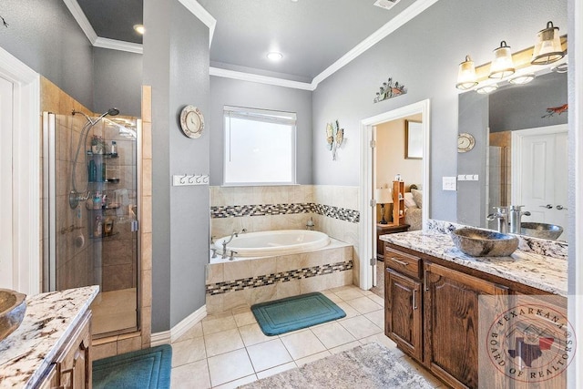 9891 County Rd 2422, Royse City, TX 75189 - bathroom with ornamental molding, shower with separate bathtub, tile patterned floors, and vanity