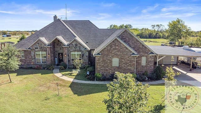 view of front of property with a front yard, a carport, and a garage