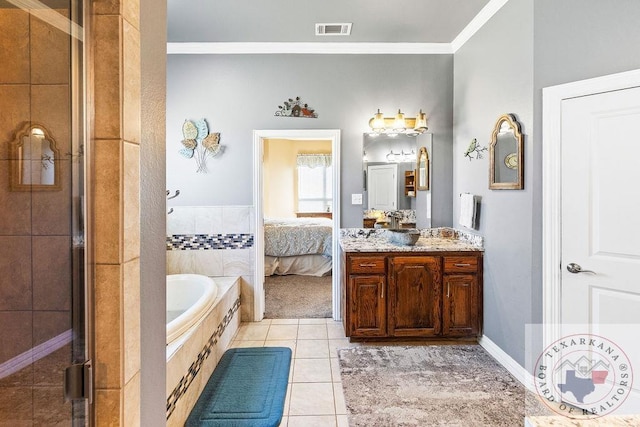 9891 County Rd 2422, Royse City, TX 75189 - bathroom featuring vanity, tile patterned floors, separate shower and tub, and crown molding