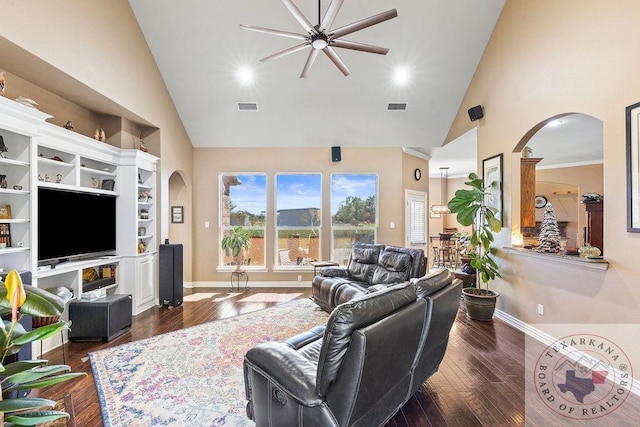 9891 County Rd 2422, Royse City, TX 75189 - living room with built in features, dark wood-type flooring, high vaulted ceiling, and ceiling fan