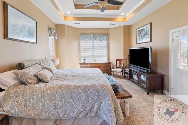 9891 County Rd 2422, Royse City, TX 75189 - bedroom with ceiling fan, light colored carpet, ornamental molding, and a raised ceiling