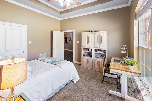 9891 County Rd 2422, Royse City, TX 75189 - carpeted bedroom with ceiling fan, a raised ceiling, and crown molding