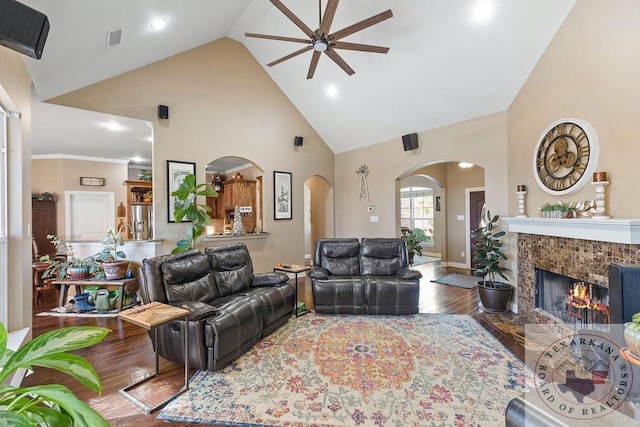 9891 County Rd 2422, Royse City, TX 75189 - living room with hardwood / wood-style flooring, high vaulted ceiling, ceiling fan, and a fireplace